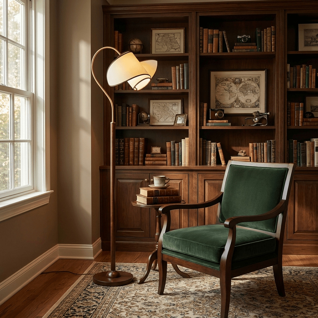 Lámpara de pie de lectura Rulisa – junto a una librería y una butaca verde