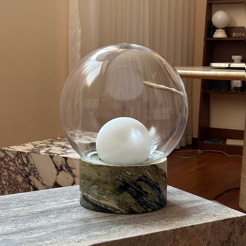 Lámpara de mesa de cristal Saquira – tamaño grande con base de mármol verde