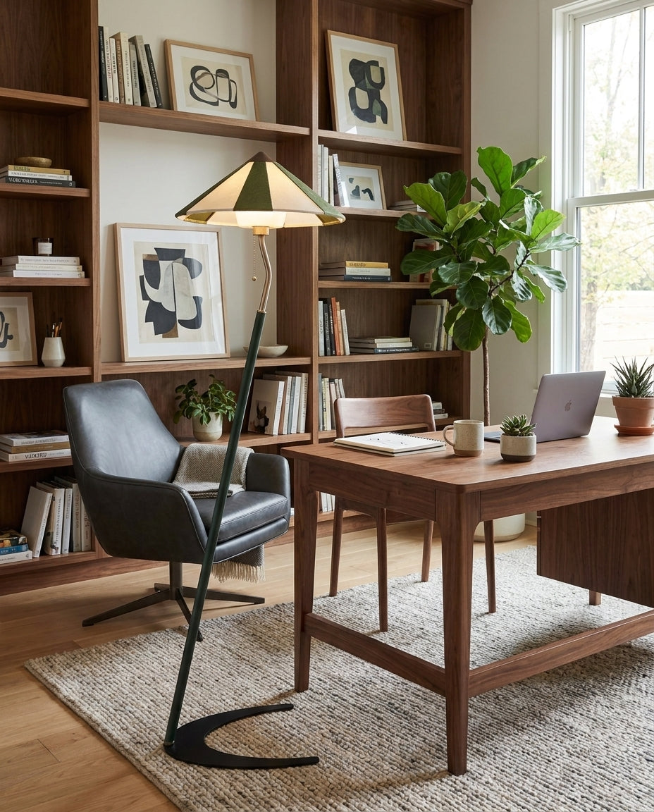 Lámpara de pie inclinada con pantalla a rayas Sesgara en un salón de estilo mid-century – imagen 8
