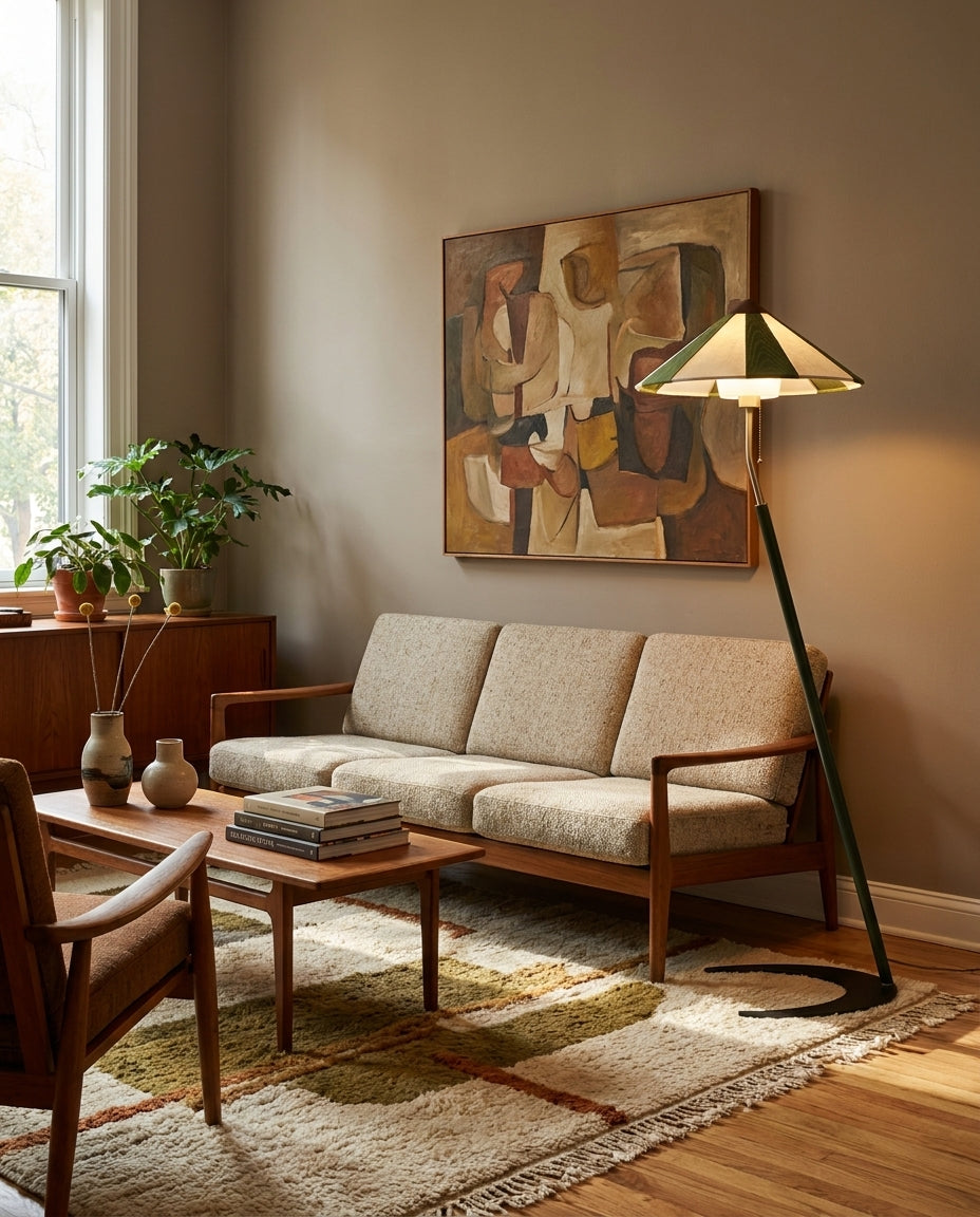 Lámpara de pie inclinada con pantalla a rayas Sesgara en un salón de estilo mid-century – imagen 9