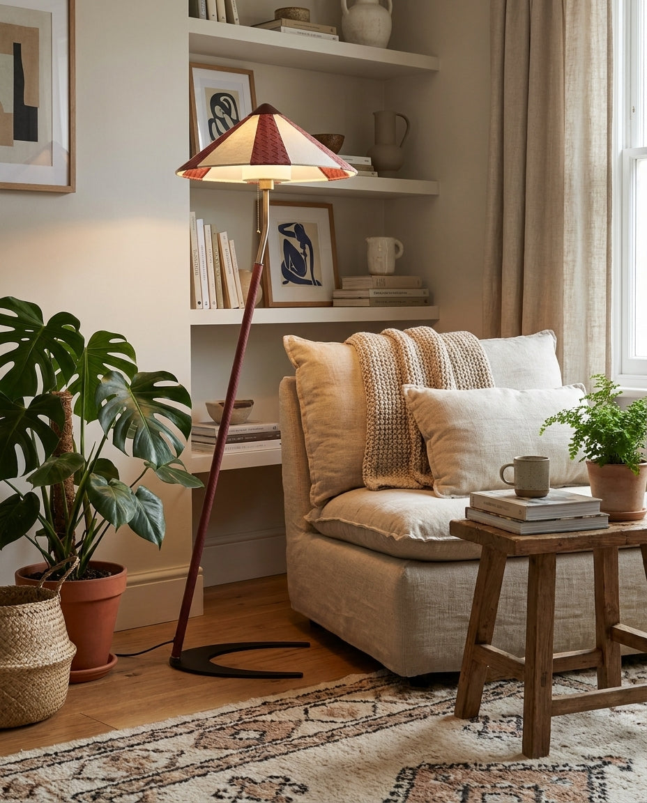 Lámpara de pie inclinada con pantalla a rayas Sesgara en un salón de estilo mid-century – imagen 15