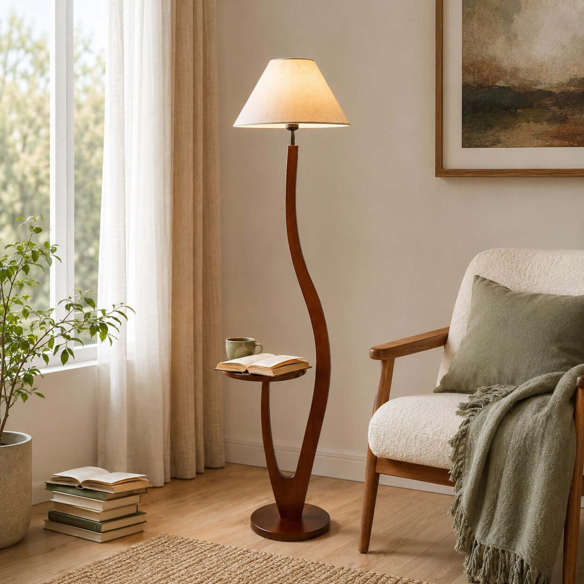 Lámpara de pie de madera con mesita Sinoria en un salón acogedor – imagen 9