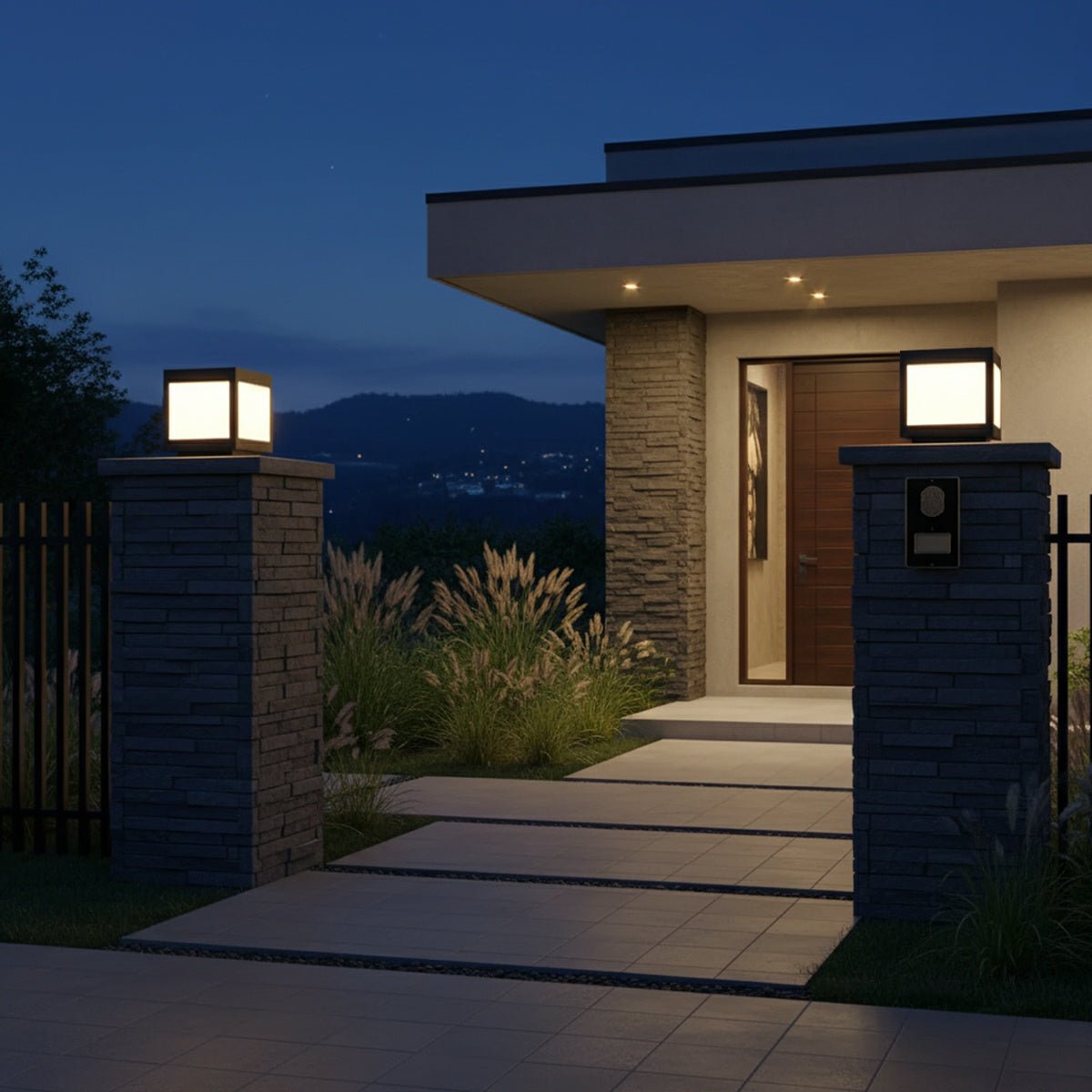 Ilvana - Lámpara de Pilar Exterior Cubo LED Solar o Cableada Negra