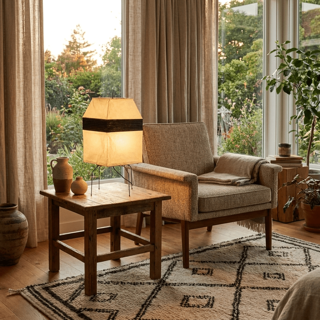 Lámpara de papel Torinda – junto a un sillón