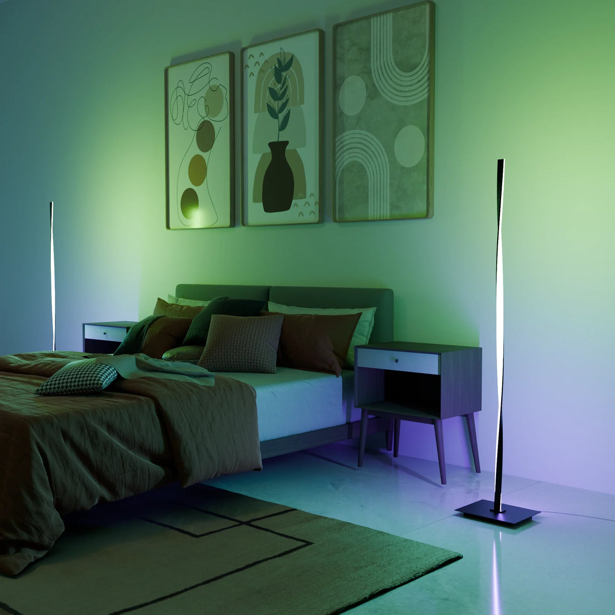 Lámpara de pie LED RGB helicoidal Torsiva en un salón con luz de color – imagen 5