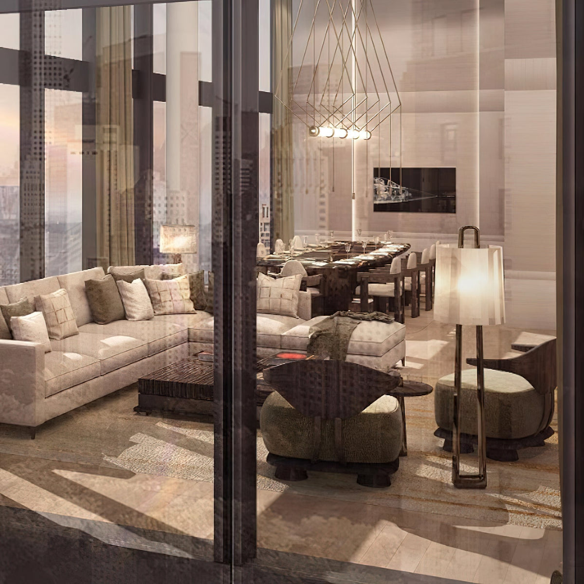 Lámpara de pie de hierro negro Torvana – en un salón con vistas a la ciudad
