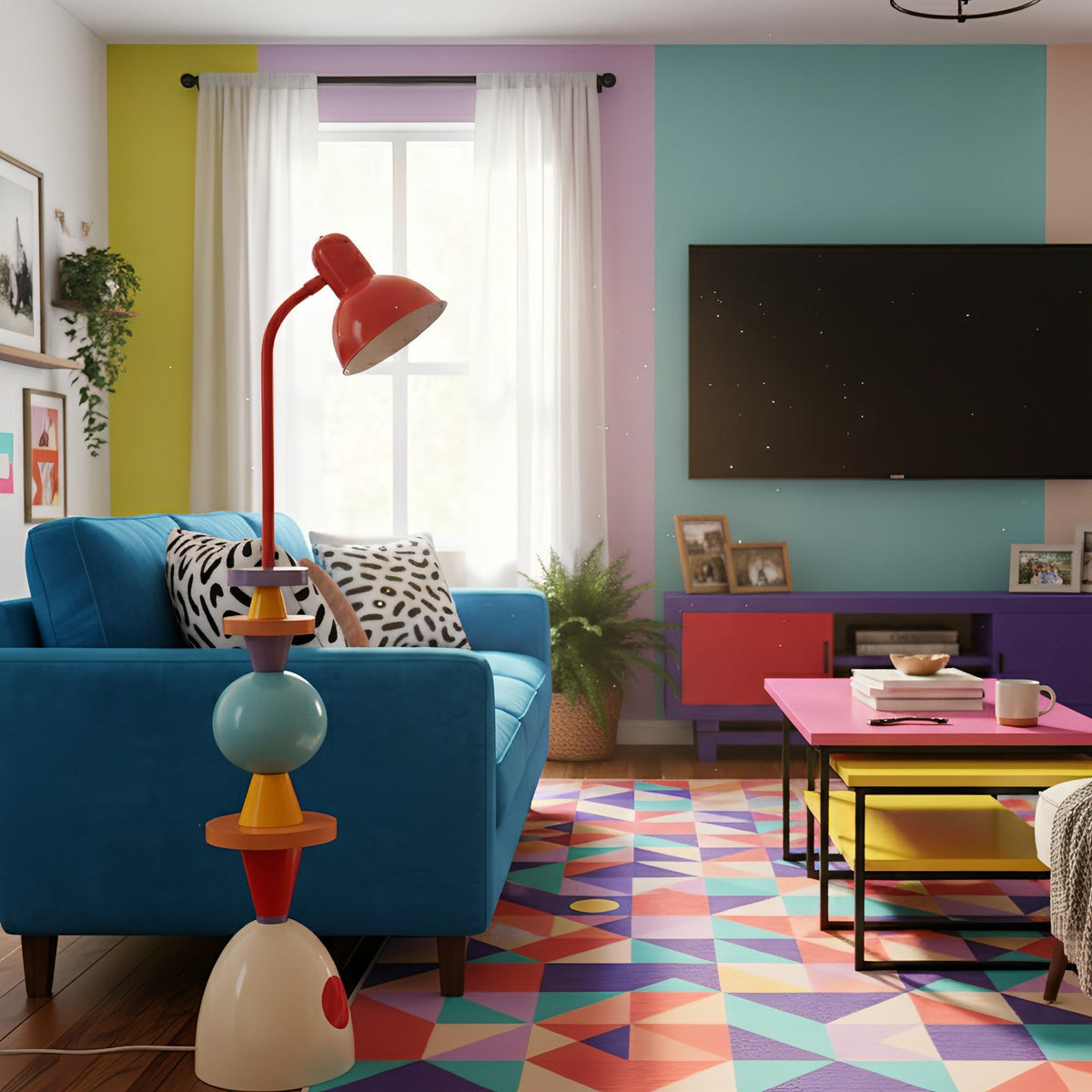 Lámpara de pie multicolor Totemia – en un dormitorio infantil