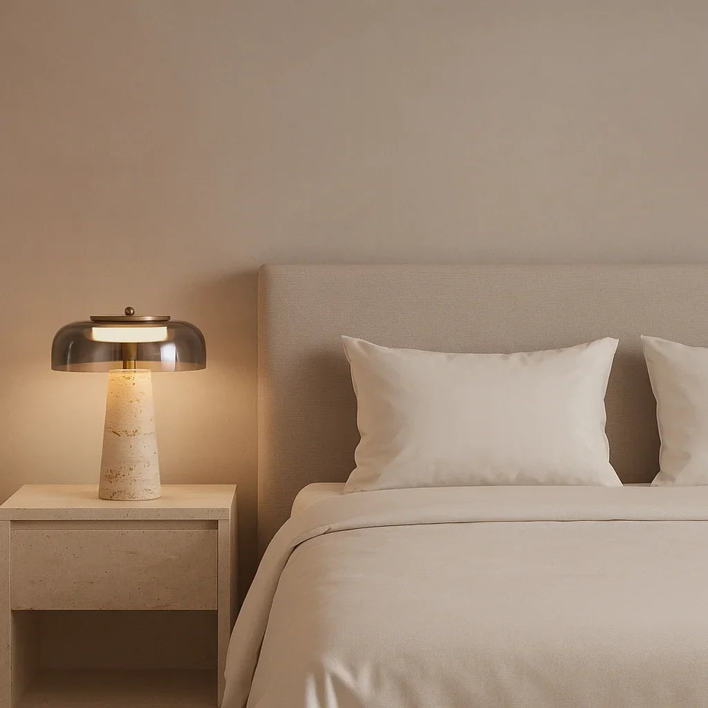 Latena - Lámpara de Mesa LED de Travertino con Cúpula de Cristal