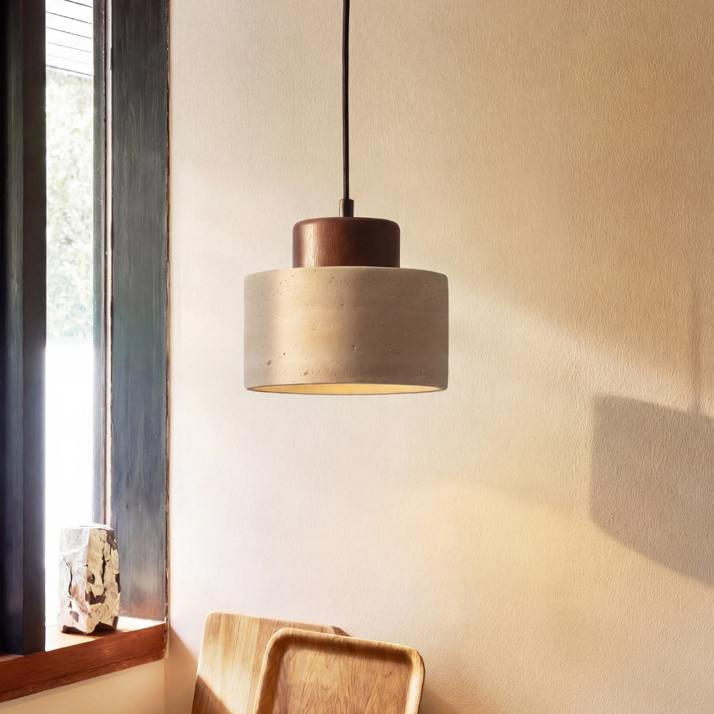 Lámpara colgante de travertino Petrina – madera oscura, ambiente