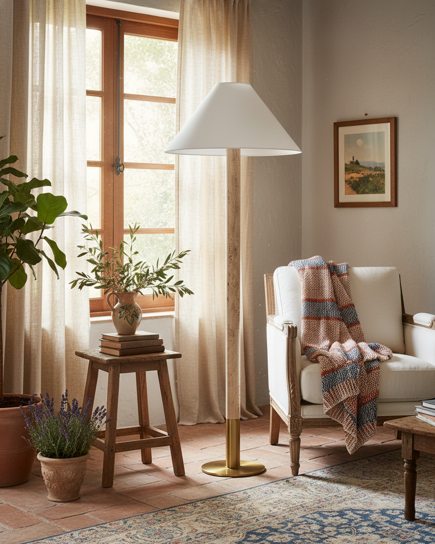 Lámpara de pie de travertino Travilla – junto a un sillón en un salón luminoso