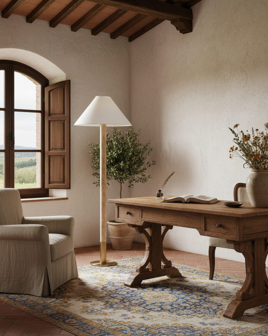 Lámpara de pie de travertino Travilla – junto a un escritorio de madera
