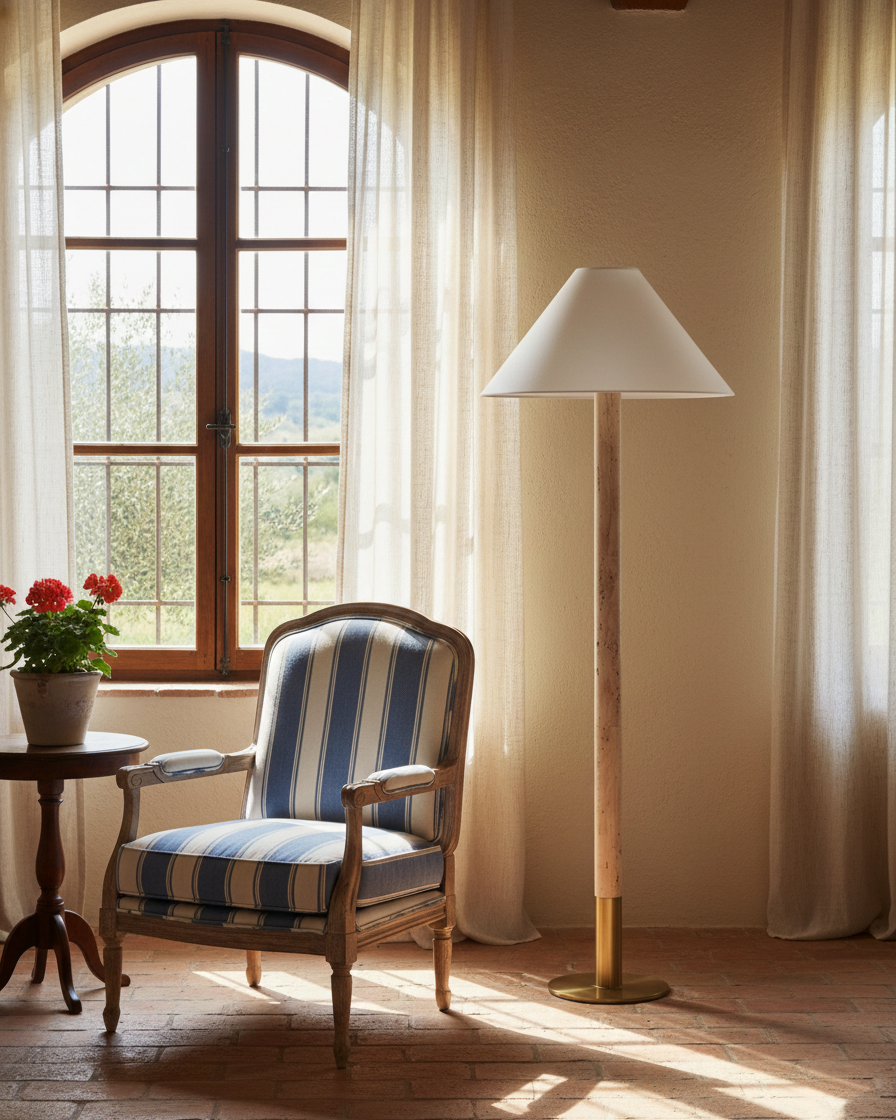 Lámpara de pie de travertino Travilla en un salón de estilo mediterráneo – imagen 4