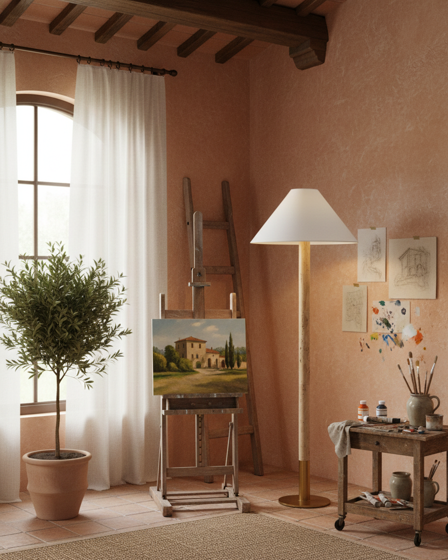 Lámpara de pie de travertino Travilla en un salón de estilo mediterráneo – imagen 8