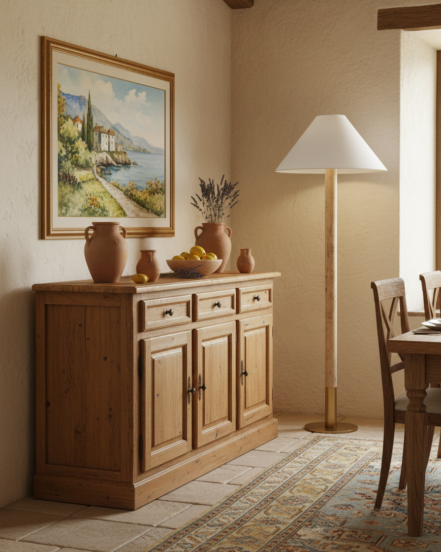 Lámpara de pie de travertino Travilla en un salón de estilo mediterráneo – imagen 10