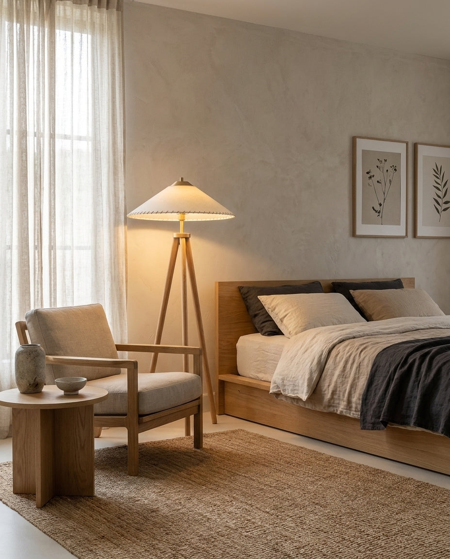 Lámpara de pie trípode de madera Tripela en un salón cálido – imagen 5