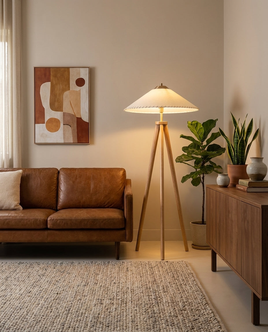 Lámpara de pie trípode de madera Tripela en un salón cálido – imagen 6