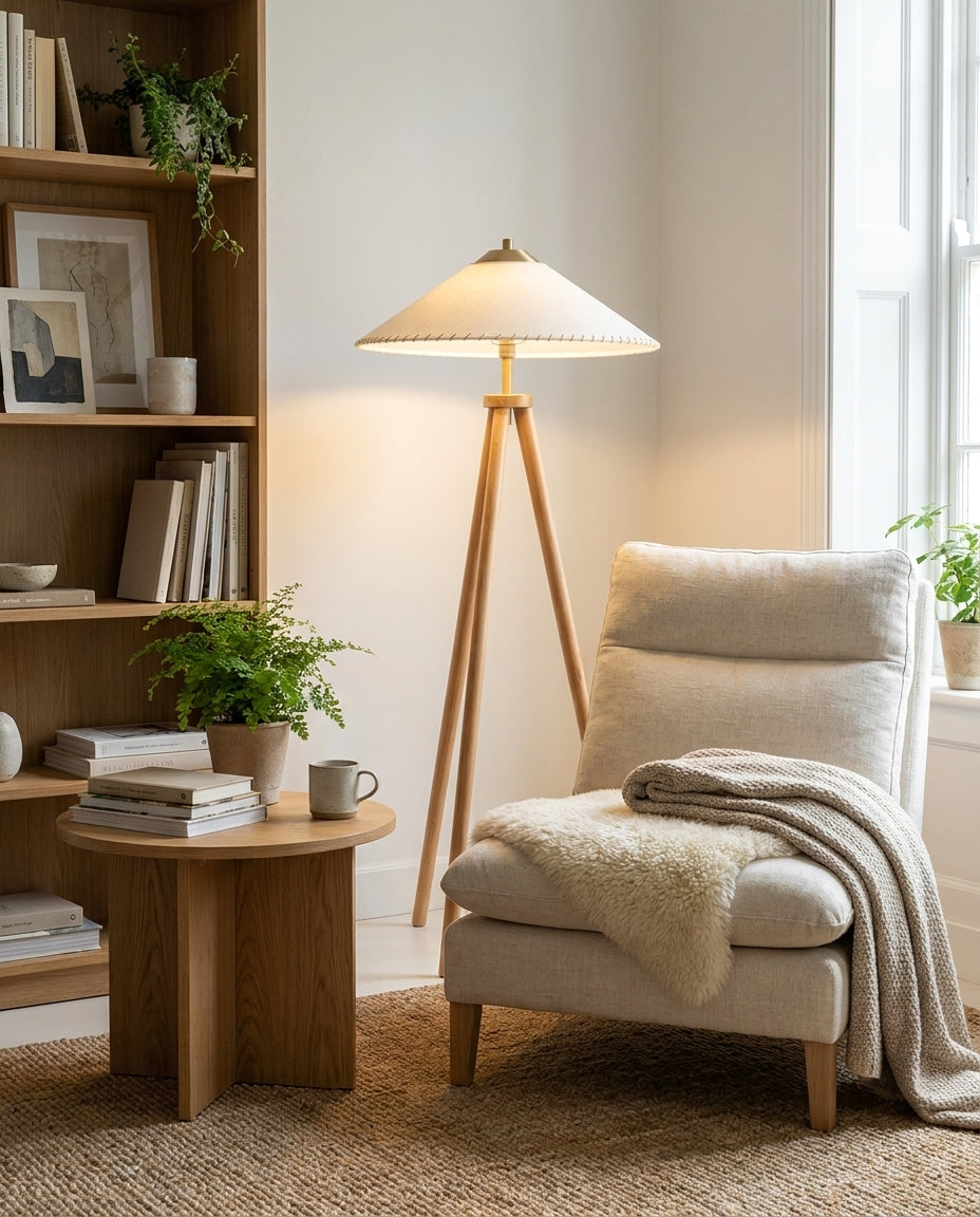 Lámpara de pie trípode de madera Tripela en un salón cálido – imagen 7