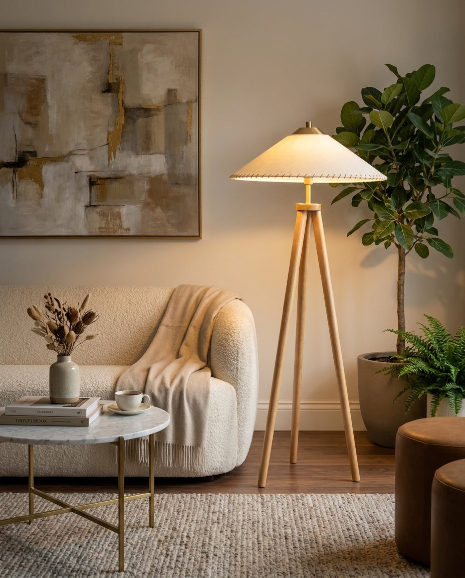 Lámpara de pie trípode de madera Tripela en un salón cálido – imagen 8