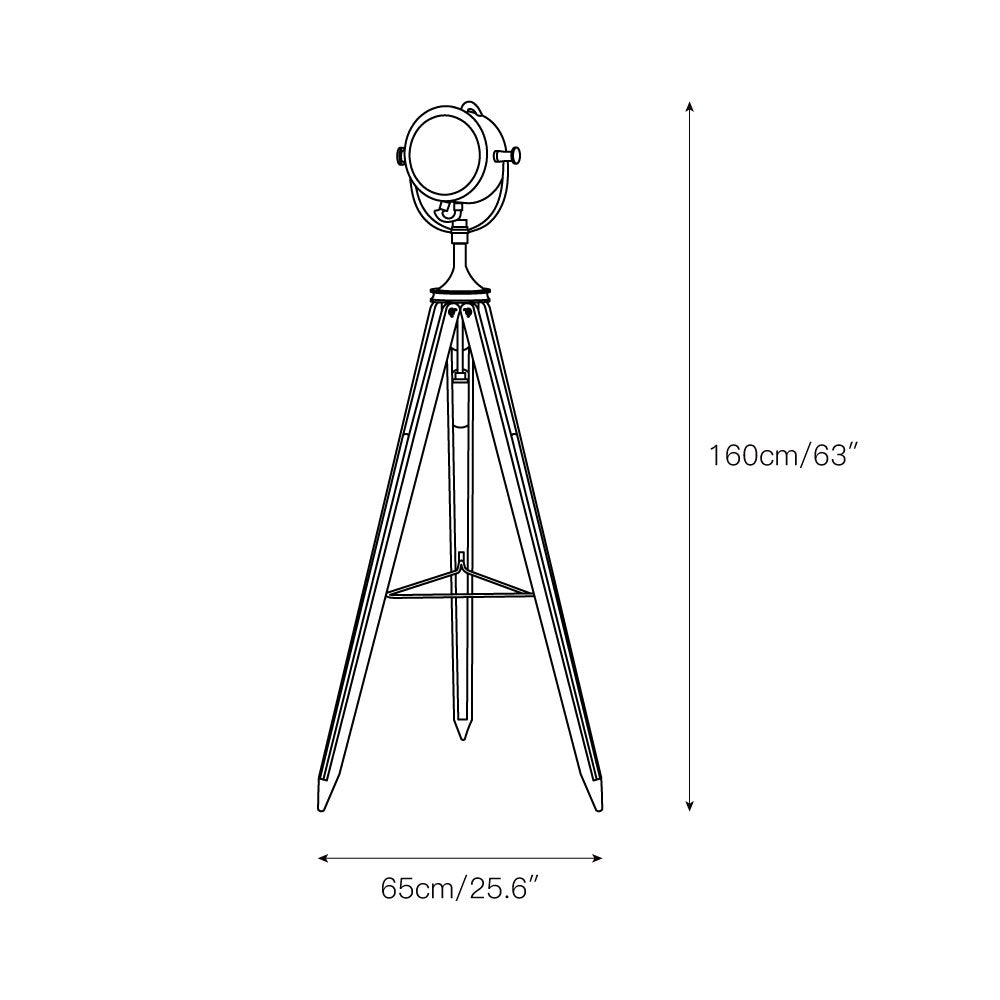 Lámpara de pie trípode con foco Tripola – dibujo con medidas del tamaño Ø 65 cm