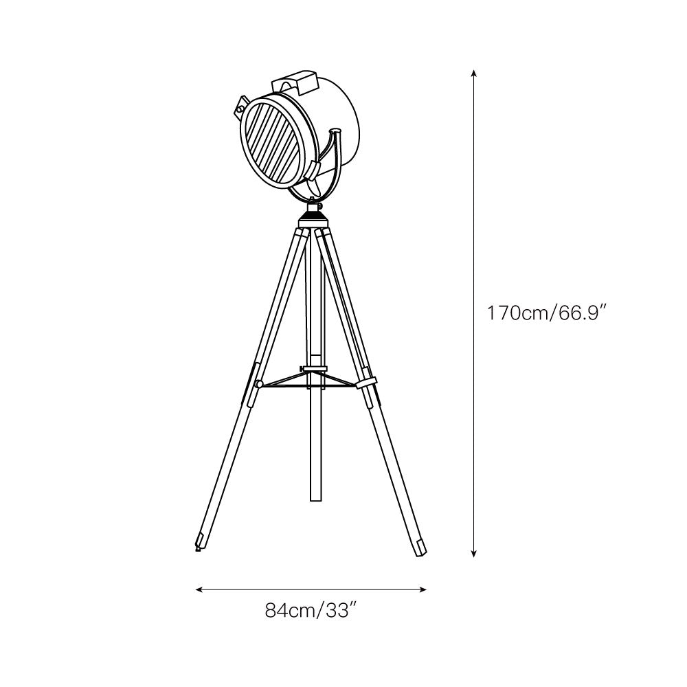 Lámpara de pie trípode con foco Tripola – dibujo con medidas del tamaño Ø 84 cm