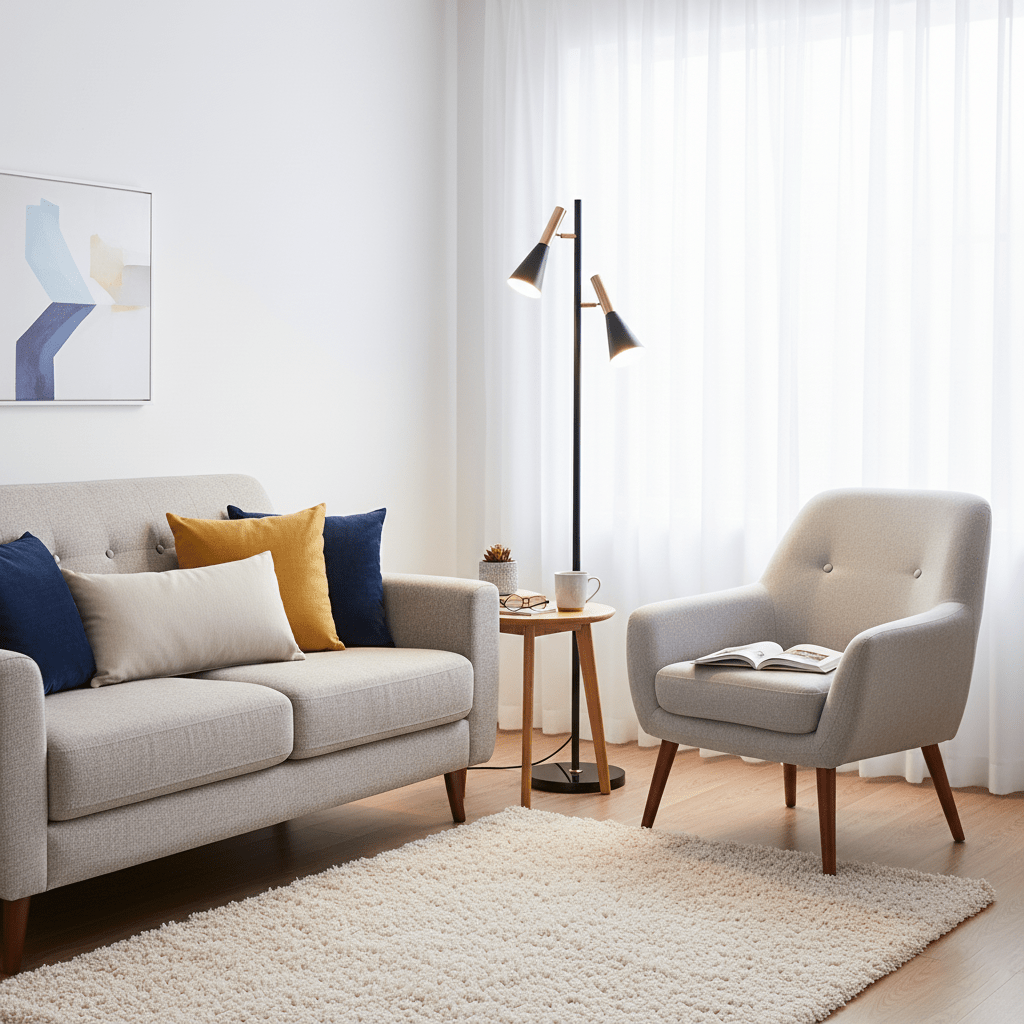Lámpara de pie de lectura con dos focos Trompina junto a un sillón – imagen 4