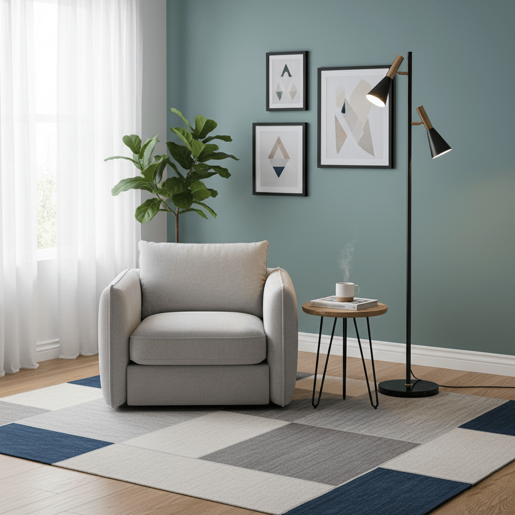 Lámpara de pie de lectura con dos focos Trompina junto a un sillón – imagen 5