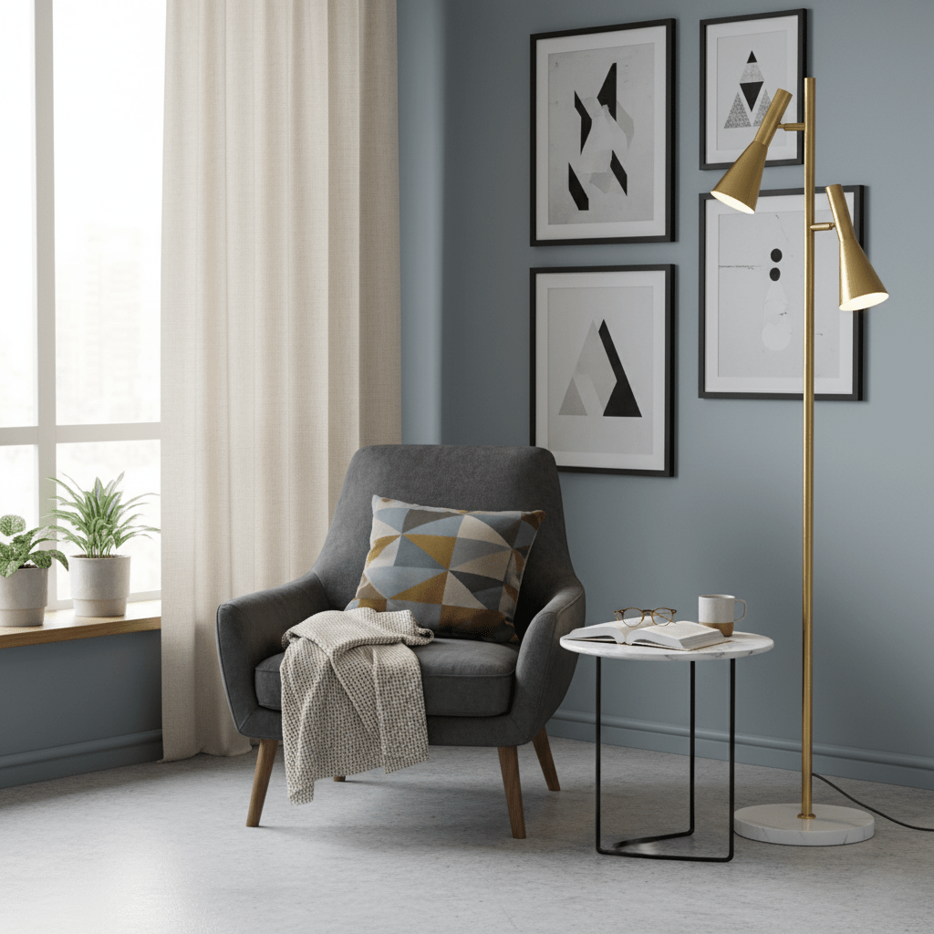 Lámpara de pie de lectura con dos focos Trompina junto a un sillón – imagen 6