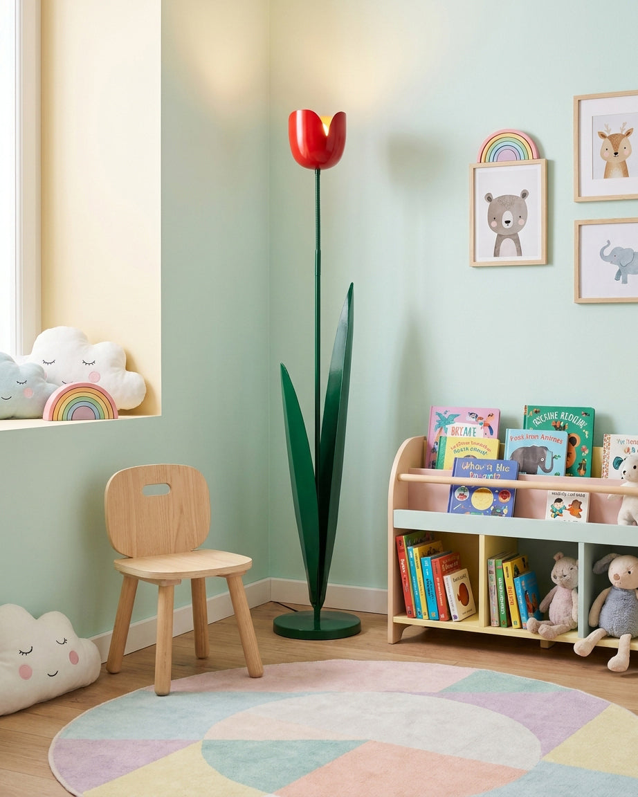 Lámpara de pie tulipán Tulena – con flor roja en un cuarto infantil