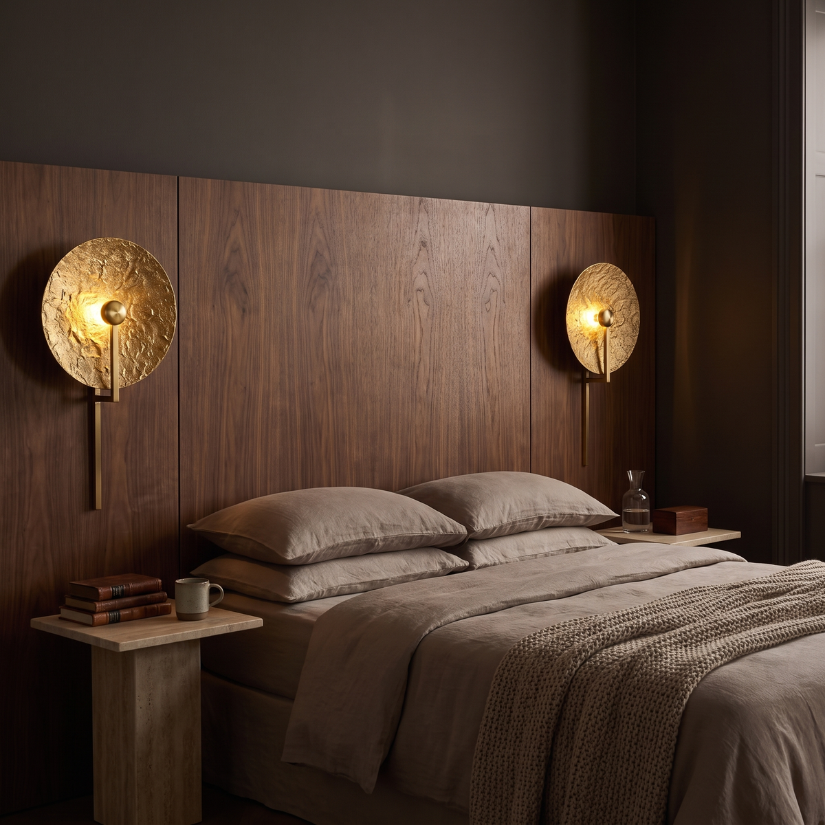 Aplique de pared Yasola con disco martillado dorado – junto a la cama en un dormitorio