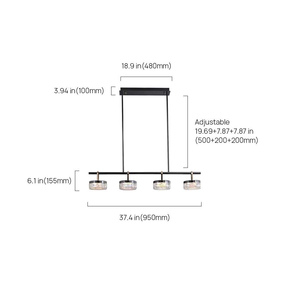 Lámpara colgante LED para isla de cocina Ferlina – dibujo con medidas de la versión de 4 luces