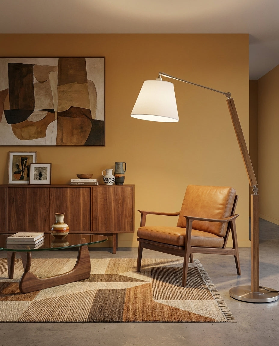 Lámpara de pie de madera con brazo articulado Vaivena en un salón acogedor – imagen 17