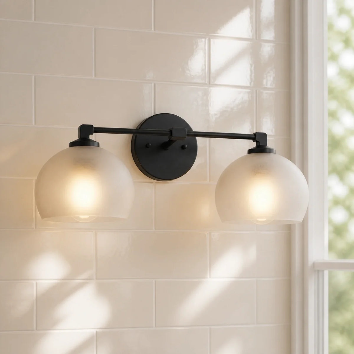 Aplique de pared con globos de cristal Valdina – 2 luces · 46 cm, negro, cristal blanco esmerilado