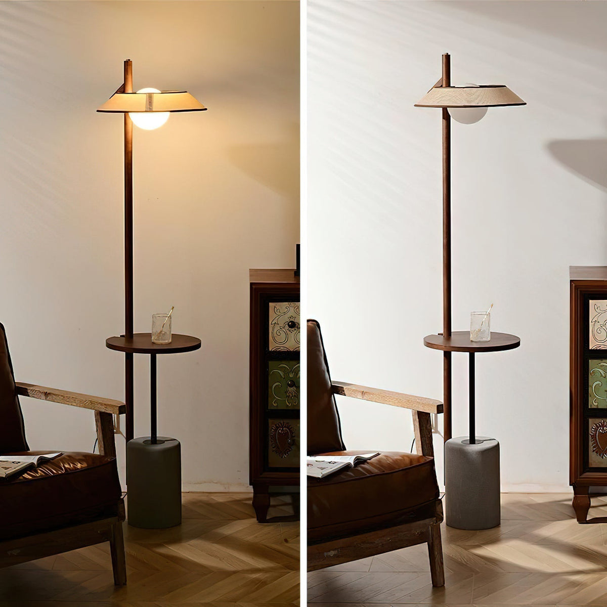 Lámpara de pie de madera nogal Valnoga junto a un sillón – imagen 3