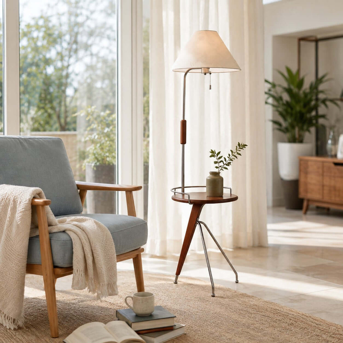Lámpara de pie con mesita Velarta junto a un sillón de lectura – imagen 5