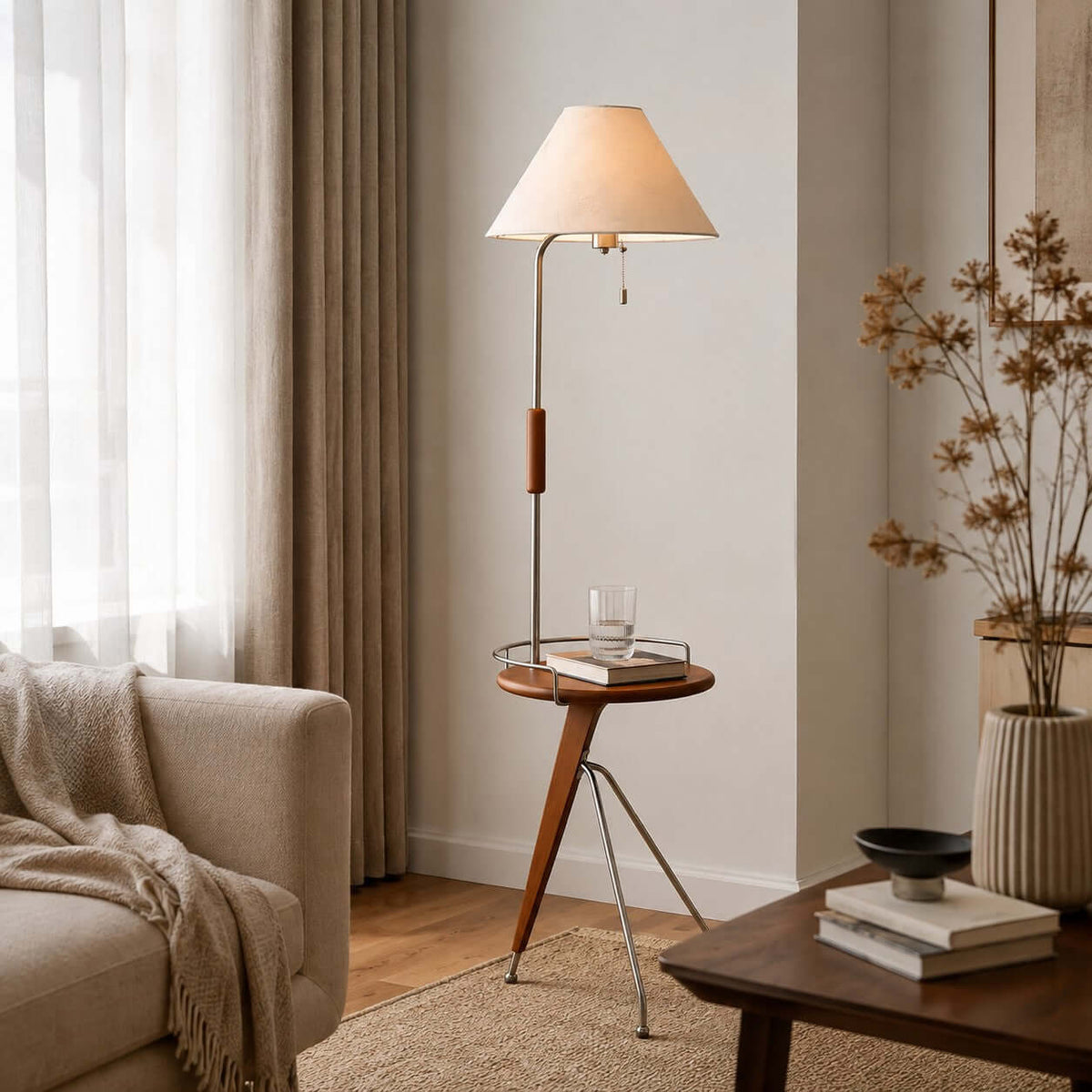 Lámpara de pie con mesita Velarta junto a un sillón de lectura – imagen 7