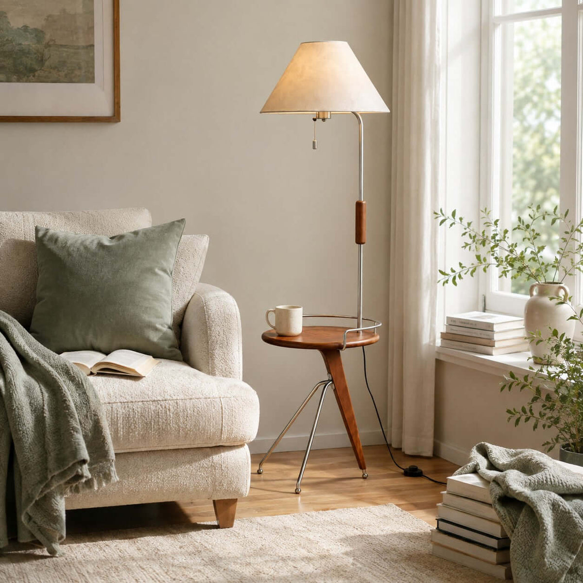 Lámpara de pie con mesita Velarta junto a un sillón de lectura – imagen 9