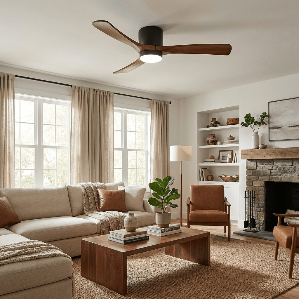 Ventilador de techo con luz Alisio en un salón luminoso – imagen 6