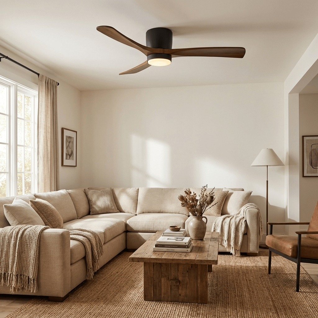 Ventilador de techo con luz Alisio en un salón luminoso – imagen 8
