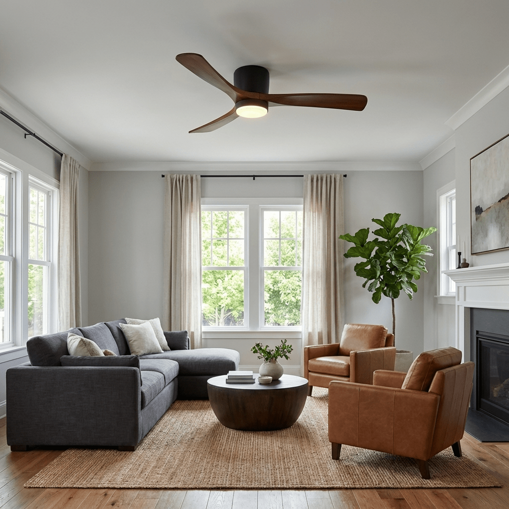Ventilador de techo con luz Alisio en un salón luminoso – imagen 14