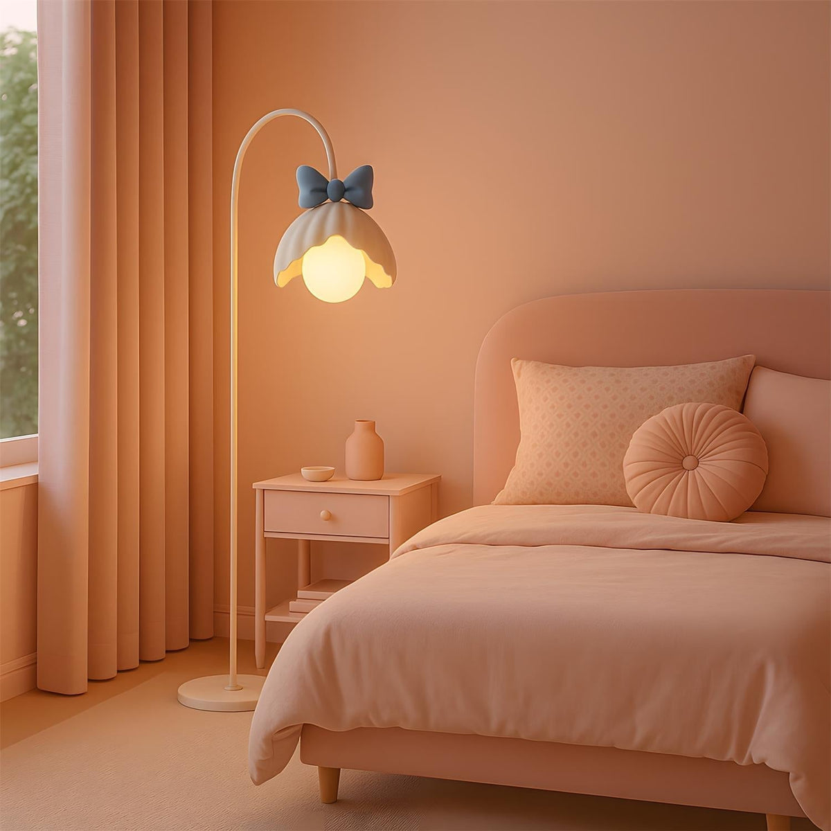Lámpara de pie en arco con lazo Volena en un dormitorio de estilo romántico – imagen 18