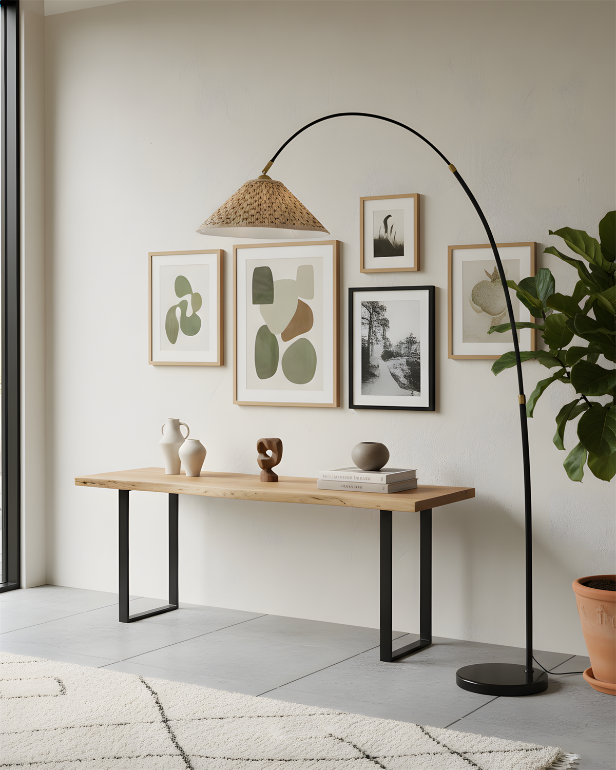 Lámpara de pie de arco Voluta – junto a una consola de madera
