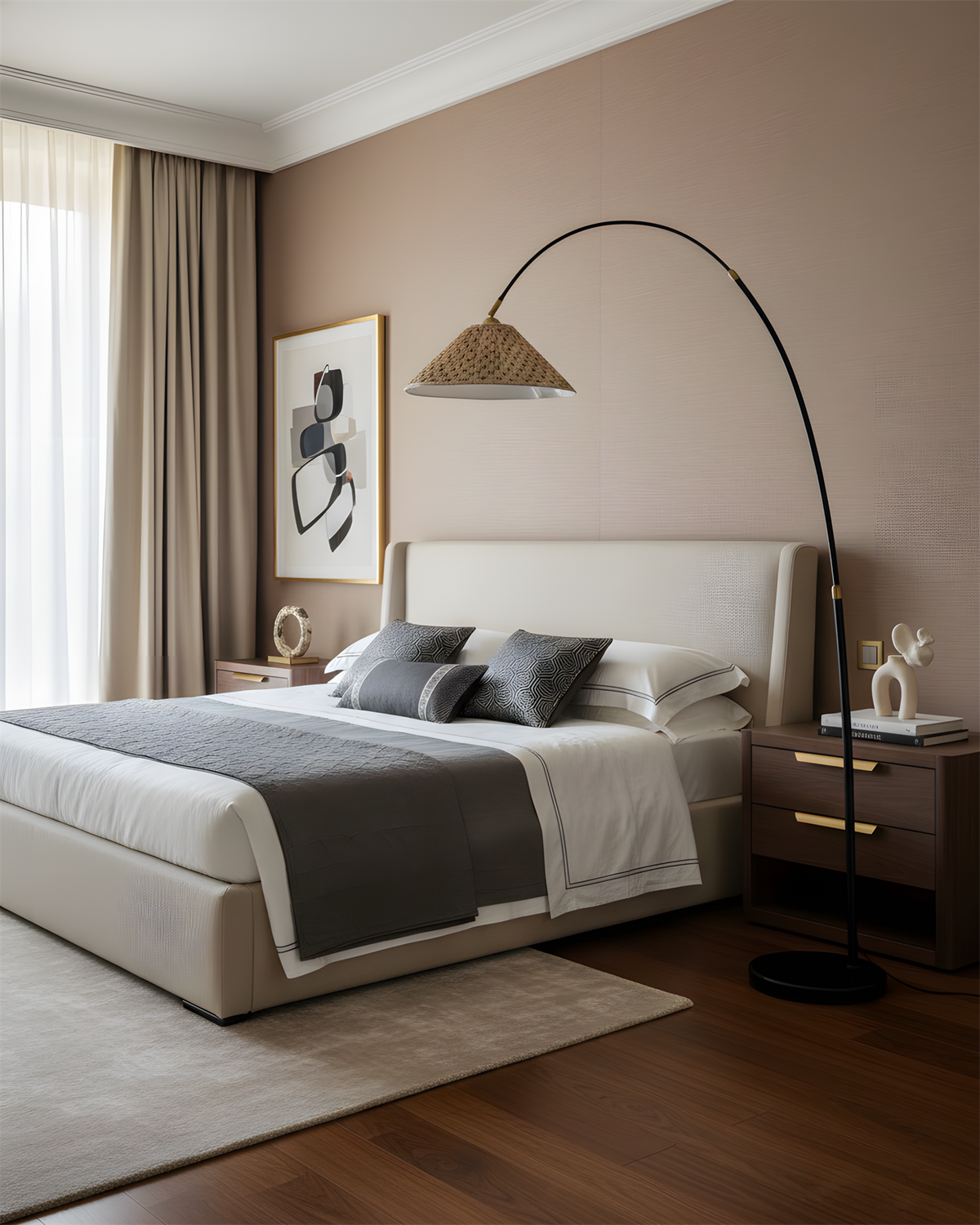 Lámpara de pie de arco Voluta – en un dormitorio