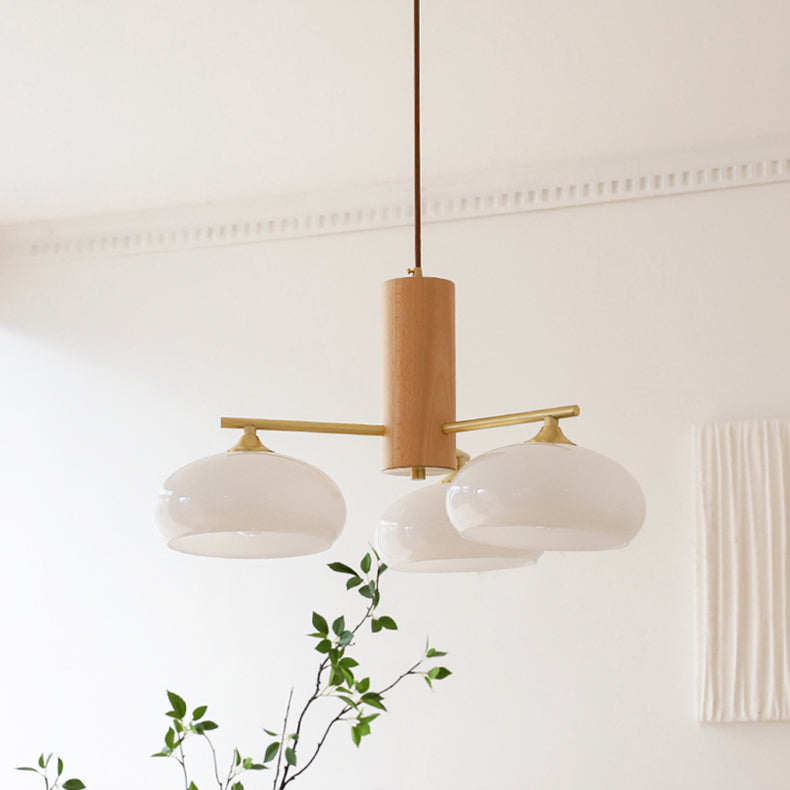 Lámpara araña Zaquina – 3 luces, madera y blanco