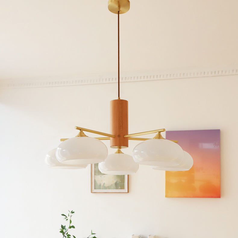 Lámpara araña Zaquina – 5 luces, madera y blanco
