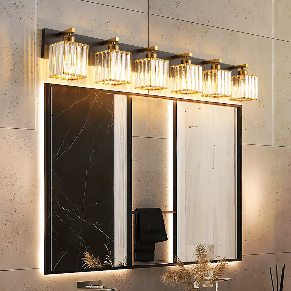 Aplique de pared para espejo con cristal Pirsela – 6 luces sobre un espejo retroiluminado