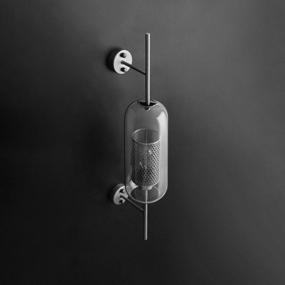 Atria: Aplique de Pared Geométrico Industrial de Metal y Vidrio – Cobre/Plateado