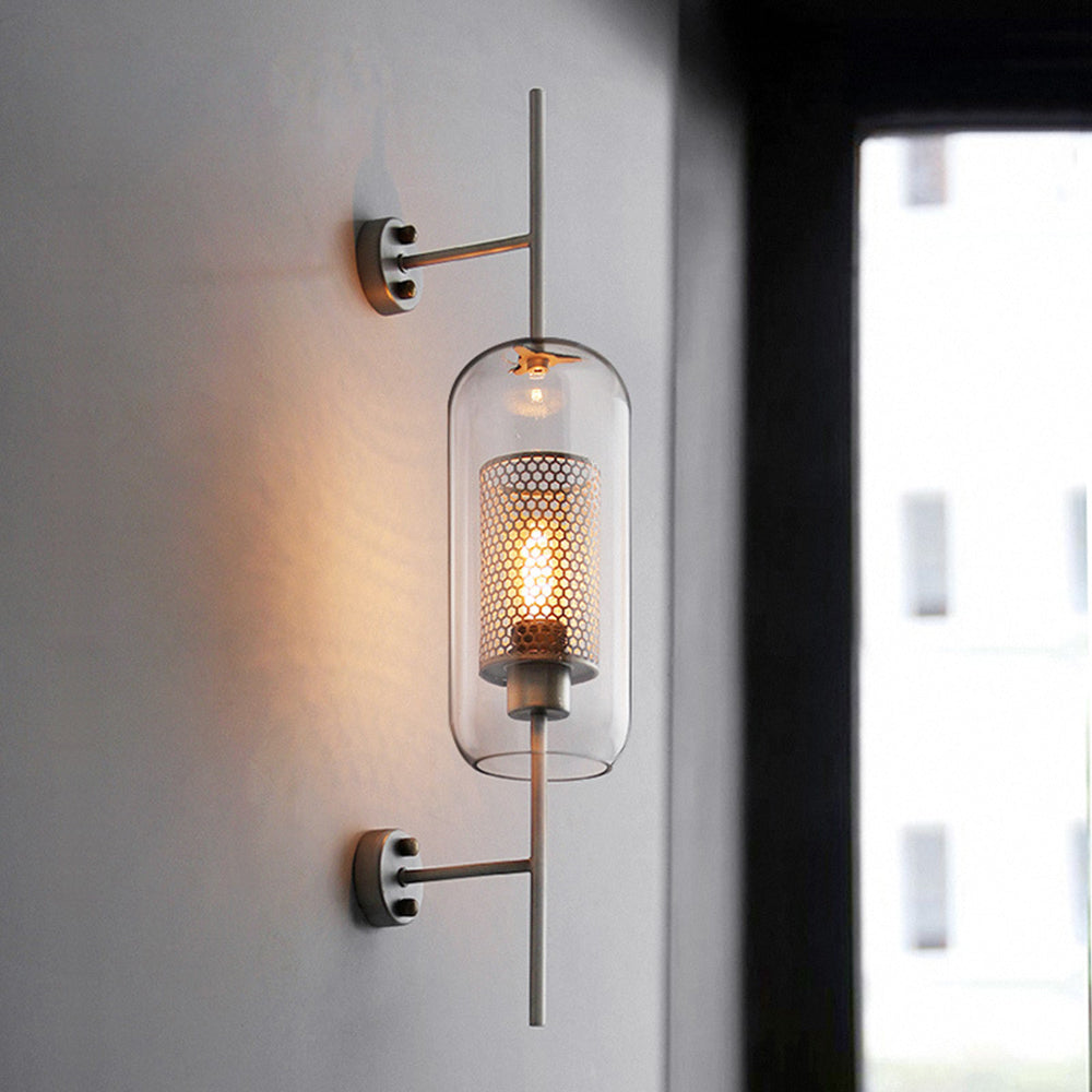 Atria: Aplique de Pared Geométrico Industrial de Metal y Vidrio – Cobre/Plateado