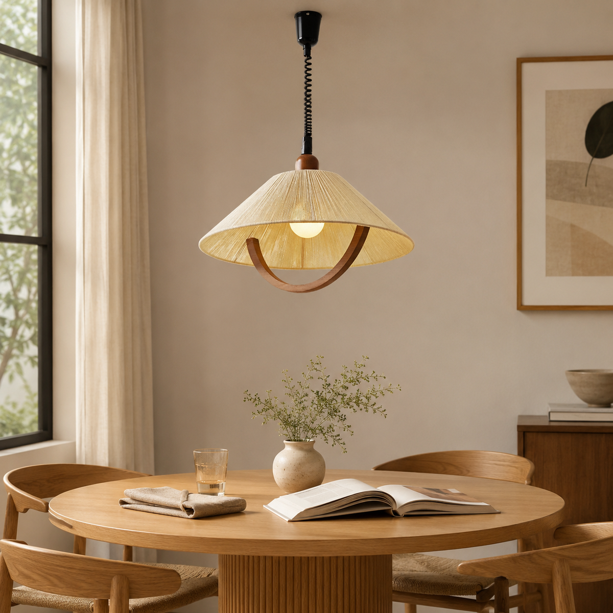 Lámpara colgante de cordón de algodón y madera Arcoya sobre una mesa de comedor redonda – imagen 3