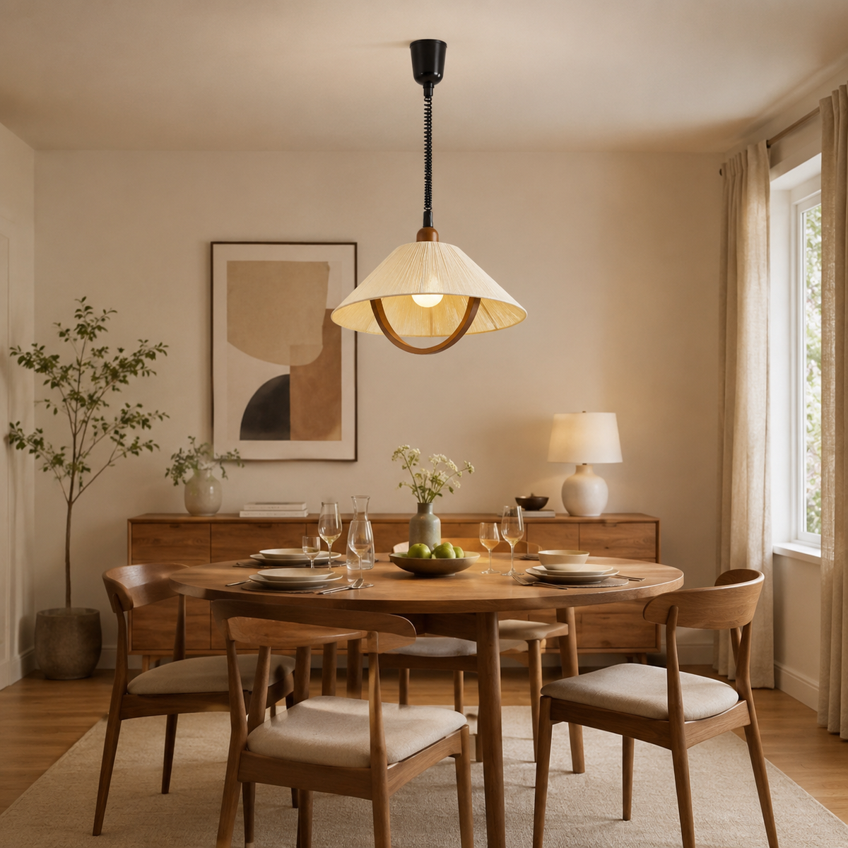 Lámpara colgante de cordón de algodón y madera Arcoya sobre una mesa de comedor redonda – imagen 4