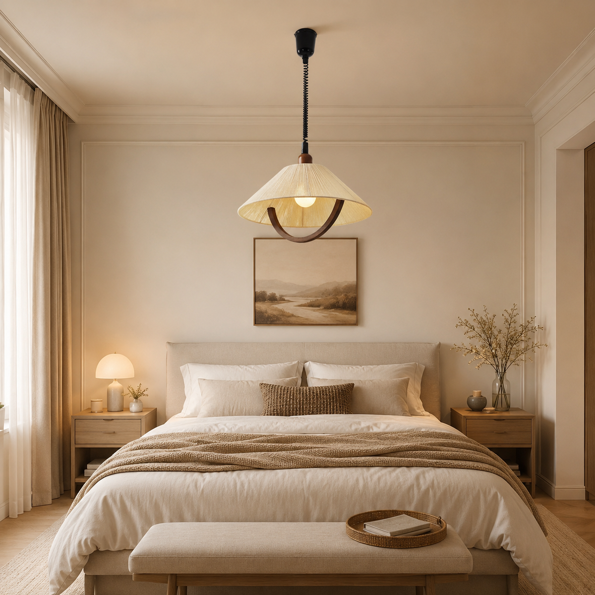 Lámpara colgante de cordón de algodón y madera Arcoya – sobre la cama de un dormitorio